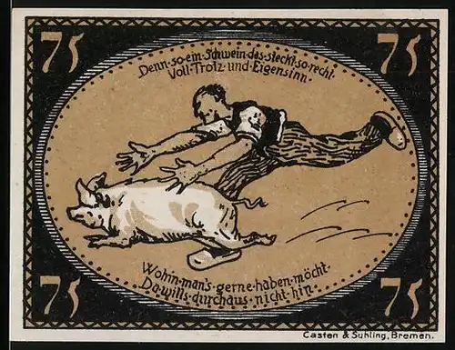 Notgeld Diepholz 1921, 75 Pfennig, Bauer jagt Schwein