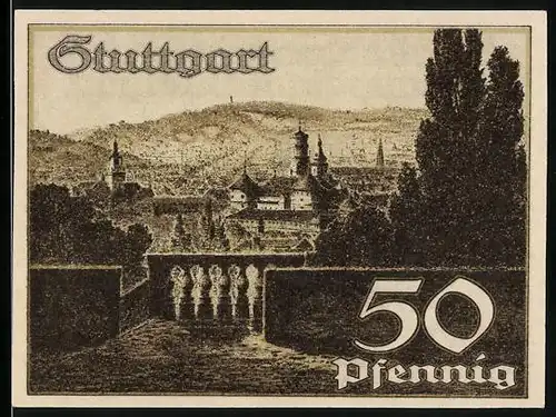 Notgeld Stuttgart 1921, 50 Pfennig, Wappen mit Pferd, Ortsansicht