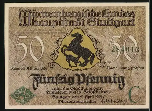 Notgeld Stuttgart 1921, 50 Pfennig, Wappen mit Pferd, Ortsansicht