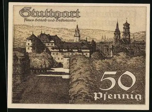 Notgeld Stuttgart 1921, 50 Pfennig, Wappen mit Pferd, Altes Schloss u. Stiftskirche