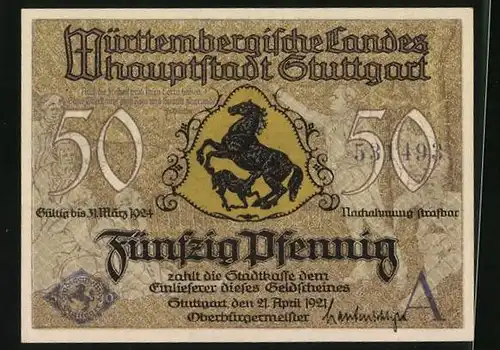 Notgeld Stuttgart 1921, 50 Pfennig, Wappen mit Pferd, Altes Schloss u. Stiftskirche