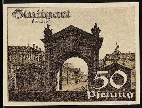 Notgeld Stuttgart 1921, 50 Pfennig, Wappen mit Pferd, Königstor