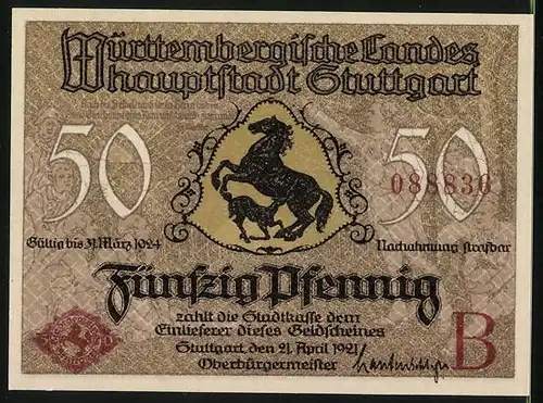 Notgeld Stuttgart 1921, 50 Pfennig, Wappen mit Pferd, Königstor