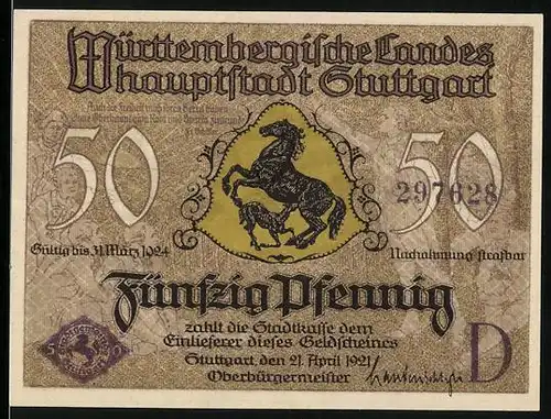Notgeld Stuttgart 1921, 50 Pfennig, Wappen mit Pferd, Cannstatt, Wilhelmsbrücke