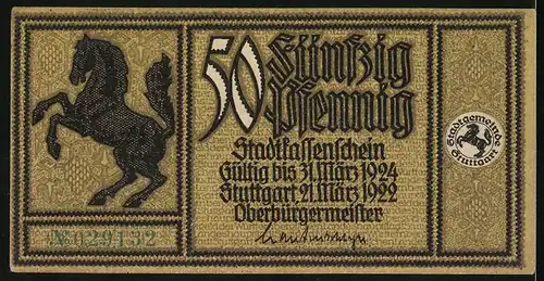 Notgeld Stuttgart 1922, 50 Pfennig, Wappen mit Pferd, Das kleine Theater