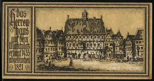 Notgeld Stuttgart 1922, 50 Pfennig, Wappen mit Pferd, Das Herrenhaus auf dem Marktplatz