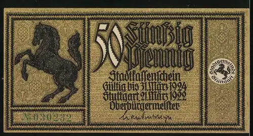 Notgeld Stuttgart 1922, 50 Pfennig, Wappen mit Pferd, Bebenhäusser Hof