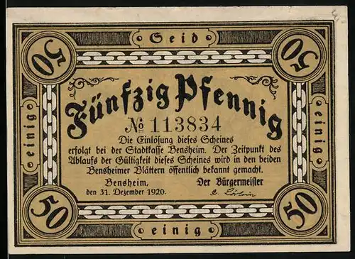 Notgeld Bensheim 1920, 50 Pfennig, Stadtor mit Ritter, Auto u. Eisenbahn
