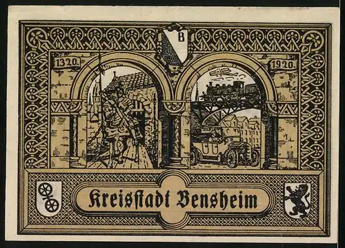 Notgeld Bensheim 1920, 50 Pfennig, Stadtor mit Ritter, Auto u. Eisenbahn