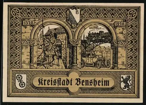Notgeld Bensheim 1920, 50 Pfennig, Tor mit Ritter u. Auto, 600 Jahre Bensheim