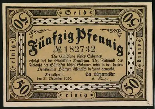 Notgeld Bensheim 1920, 50 Pfennig, Tor mit Ritter u. Auto, 600 Jahre Bensheim