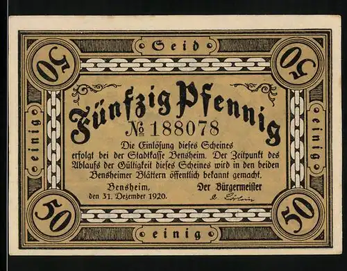 Notgeld Bensheim 1920, 50 Pfennig, Torbögen mit Ritter u. Auto, 600 Jahre Bensheim
