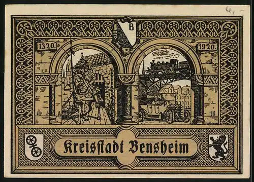 Notgeld Bensheim 1920, 50 Pfennig, Torbögen mit Ritter u. Auto, 600 Jahre Bensheim