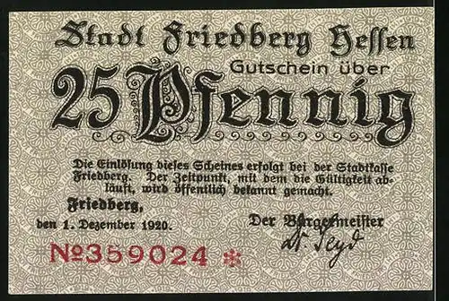 Notgeld Friedberg i. Hessen 1920, 25 Pfennig, Brücke zum Burgtor mit Turm