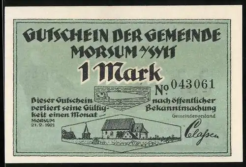 Notgeld Morsum a. Sylt 1921, 1 Mark, Postbeförderung durch Eisboot ab Nösse