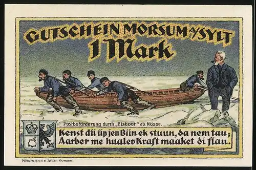 Notgeld Morsum a. Sylt 1921, 1 Mark, Postbeförderung durch Eisboot ab Nösse