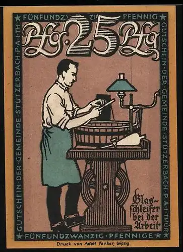 Notgeld Stützerbach 1921, 25 Pfennig, Glasschleifer bei der Arbeit, Truthahn hebt die Kralle