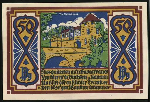 Notgeld Osnabrück 1921, 50 Pfennig, Wilde Männer nebst Wappen, Brücke zum Stadttor