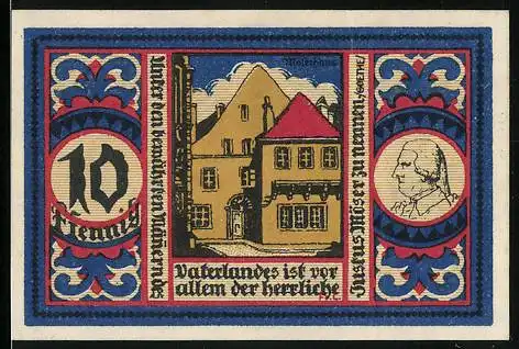 Notgeld Osnabrück 1921, 10 Pfennig, Strassenpartie mit Möserhaus, Wilde Männer nebst Wappen