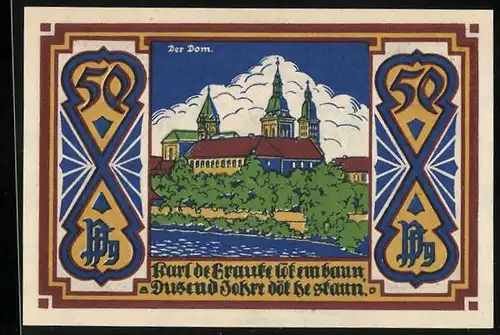 Notgeld Osnabrück 1921, 50 Pfennig, Der Dom, Wappen und Wilde Männer
