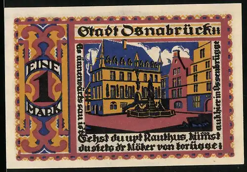 Notgeld Osnabrück 1921, 1 Mark, Brunnen vor dem Rathaus
