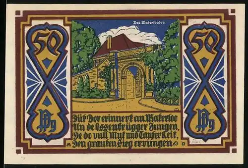 Notgeld Osnabrück 1921, 50 Pfennig, Das Waterlootor, Wappen mit Zahnrad
