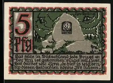 Notgeld Osnabrück 1921, 5 Pfennig, Lyra-Denkmal, Wilde Männer halten Wappen