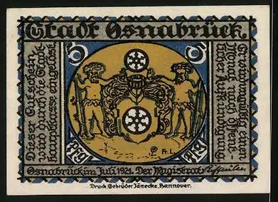 Notgeld Osnabrück 1921, 5 Pfennig, Lyra-Denkmal, Wilde Männer halten Wappen