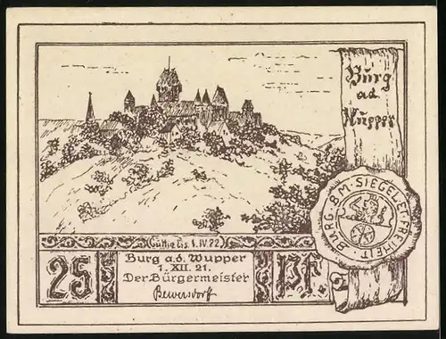 Notgeld Burg a. d. Wupper 1921, 25 Pfennig, Ansicht des Rittersaales, Siegel et Freiheit