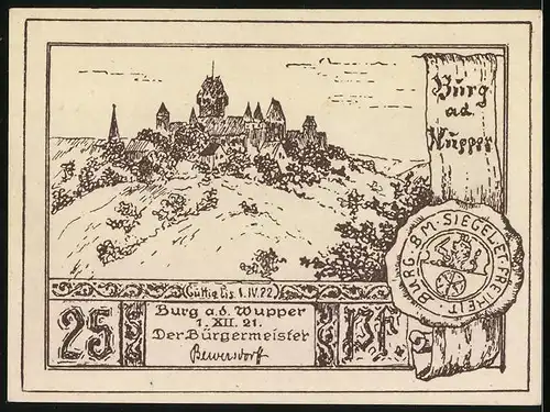 Notgeld Burg a. d. Wupper 1921, 25 Pfennig, Unterburg und Oberburg mit Schloss