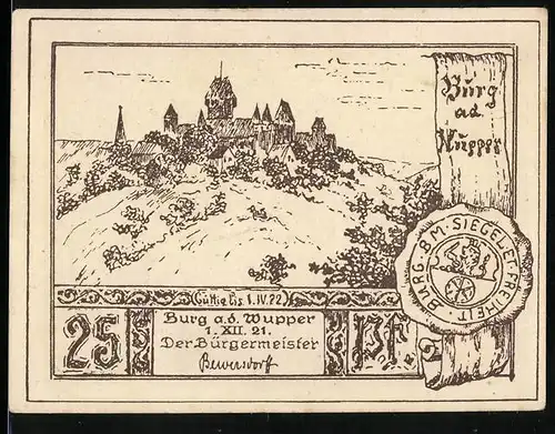 Notgeld Burg a. d. Wupper 1921, 25 Pfennig, Blick auf die Burg, Schulunterricht im Schloss