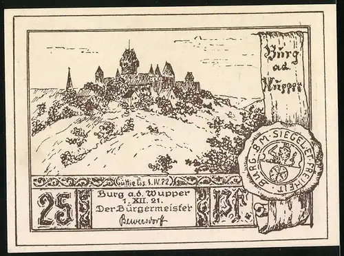 Notgeld Burg a. d. Wupper 1921, 25 Pfennig, Ansicht der Remenate, Siegel