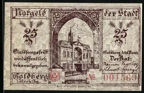 Notgeld Goldberg i. Mecklbg. 1919, 25 Pfennig, Grosses amtliches Gebäude der Stadt