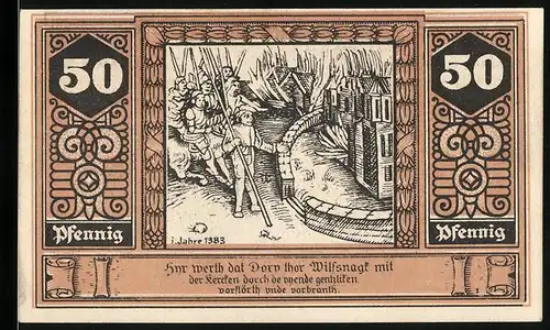 Notgeld Wilsnack 1922, 50 Pfennig, Wunderblut Kirche, Ritter verbrennen Häuser 1383