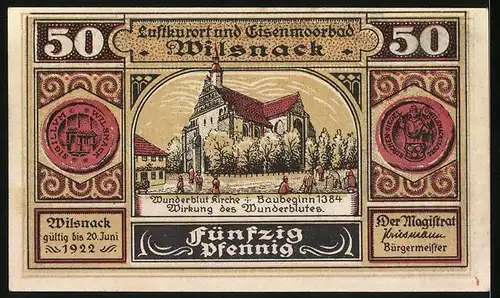 Notgeld Wilsnack 1922, 50 Pfennig, Wunderblut Kirche, Ritter verbrennen Häuser 1383