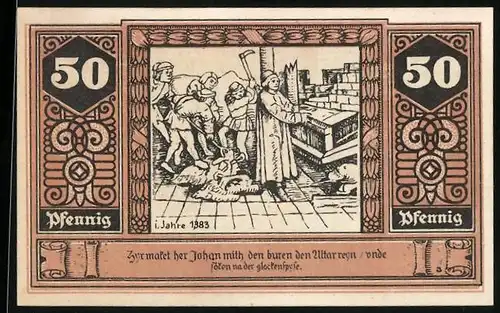 Notgeld Wilsnack 1922, 50 Pfennig, Johan zerstört mit den Buren den Altar, Wunderblut Kirche