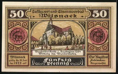 Notgeld Wilsnack 1922, 50 Pfennig, Johan zerstört mit den Buren den Altar, Wunderblut Kirche