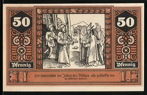 Notgeld Wilsnack 1922, 50 Pfennig, Johan unterrichtet den Bischop, Kirche des Wunderblutes