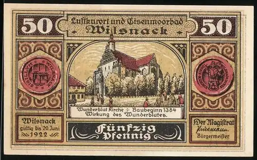 Notgeld Wilsnack 1922, 50 Pfennig, Wunderblut Kirche, Heilige beten am Altar