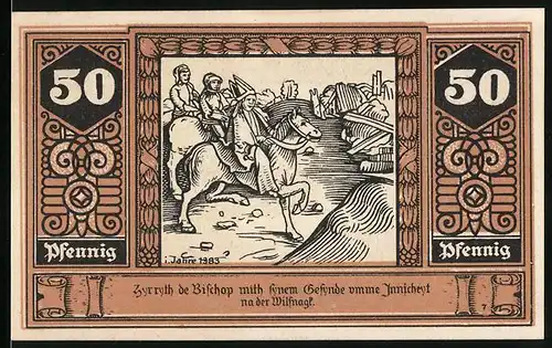 Notgeld Wilsnack 1922, 50 Pfennig, Bischof mit Gefolge nach der Wildjagd