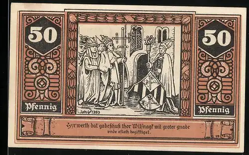 Notgeld Wilsnack 1922, 50 Pfennig, Bischof und Heilige mit Wappen
