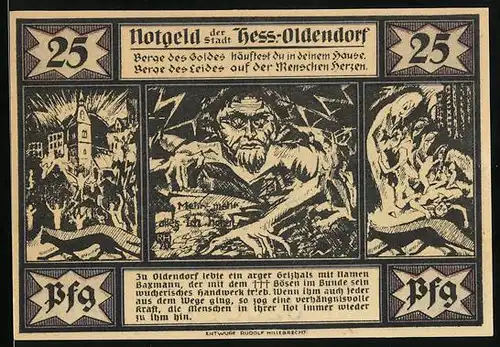 Notgeld Hess.-Oldendorf 1921, 25 Pfennig, Teufel über den Bergen des Goldes, Ortsansicht 1633