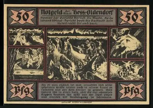 Notgeld Hess.-Oldendorf 1921, 50 Pfennig, Schlacht im Ort, Stadtlaterne vor dem Magistrat