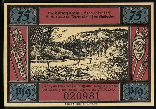 Notgeld Hess.-Oldendorf 1921, 75 Pfennig, Hohenstein gesehen aus dem Totental mit Blutbache, Teufel