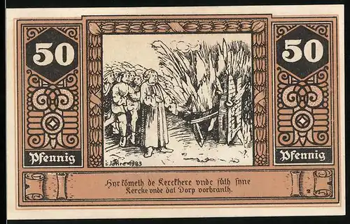 Notgeld Wilsnack 1922, 50 Pfennig, Komet schlägt ein und verbrennt das Dorf