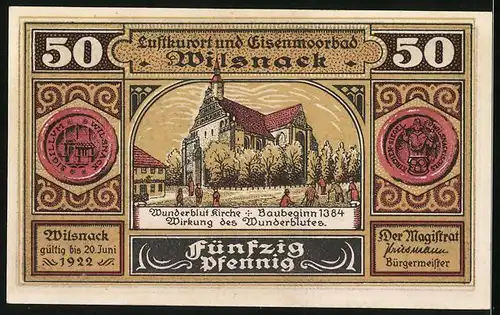 Notgeld Wilsnack 1922, 50 Pfennig, Komet schlägt ein und verbrennt das Dorf