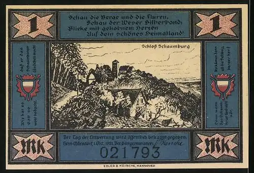 Notgeld Hess.-Oldendorf 1921, 1 Mark, Verfluchter Mann am Brunnen, Schloss Schaumburg