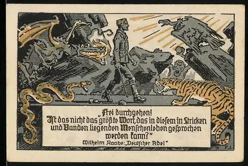 Notgeld Eschershausen in Braunschweig 1922, 10 Pfennig, Wilhelm Raabe stolziert an wilden Tieren vorbei, Raabeturm