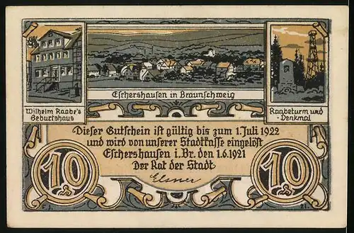 Notgeld Eschershausen in Braunschweig 1922, 10 Pfennig, Wilhelm Raabe stolziert an wilden Tieren vorbei, Raabeturm