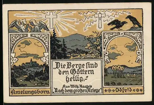 Notgeld Eschershausen in Braunschweig 1922, 25 Pfennig, Amelungsborn, Engel und Raben, Wilhelm Raabe`s Geburtshaus